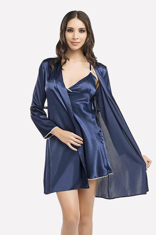 Women's Navy Blue Satin Nightgown & Morning Robe Set