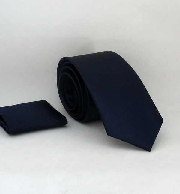 Plain Navy Blue Satin Handkerchief Slim Fit Tie