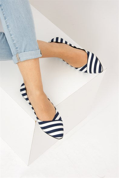 Women's Striped Navy Blue - White Flat Shoes