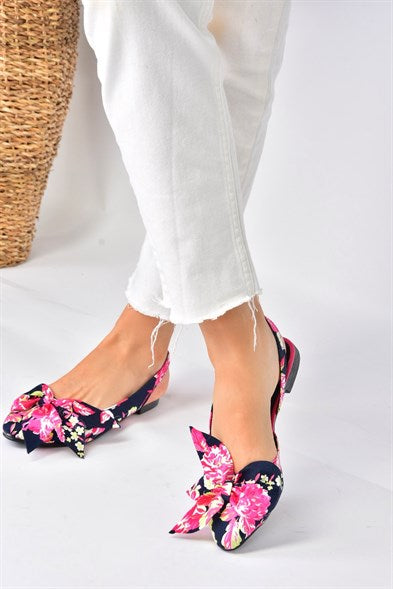 Women's Patterned Navy Blue Flat Shoes