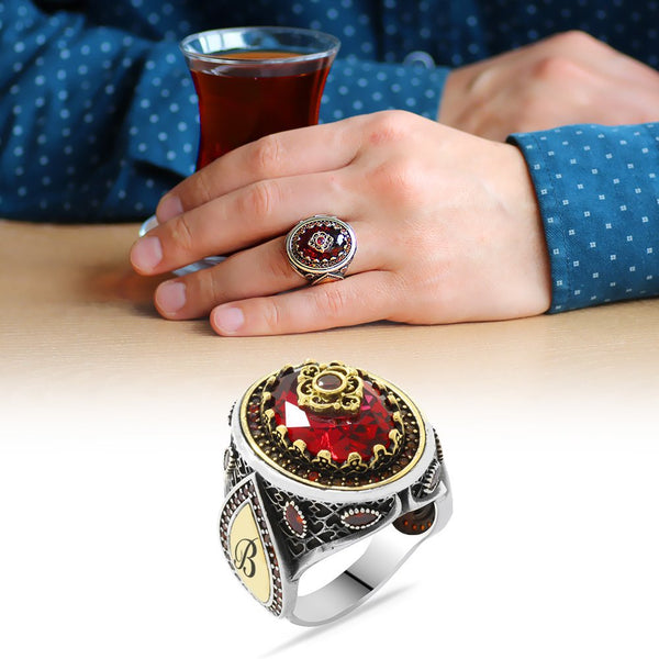 Men's Red Zircon Gemmed 925 Carat Silver Ring