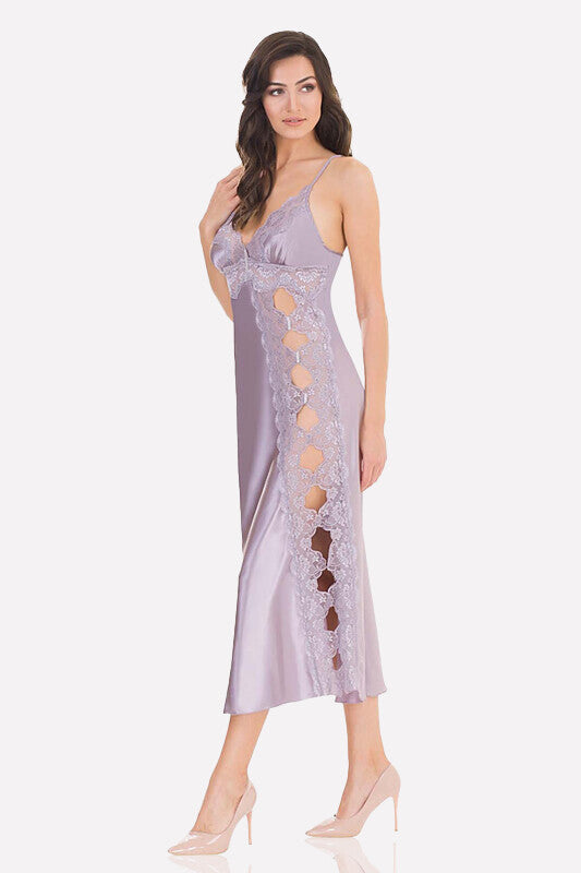 Women's Lace Detail Lilac Satin Long Nightgown