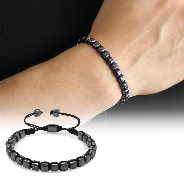 Men's Macrame Knit Cube Cut Hematite Natural Stone Bracelet