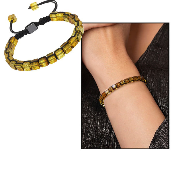 Women's Macrame Braided Cube Cut Yellow Amber Natural Stone Bracelet
