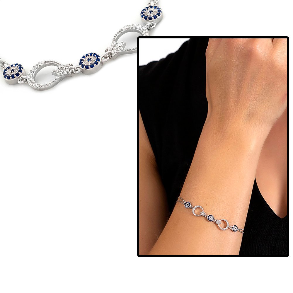 Women's Zircon Gemmed Crescent Star Figure Silver Bracelet
