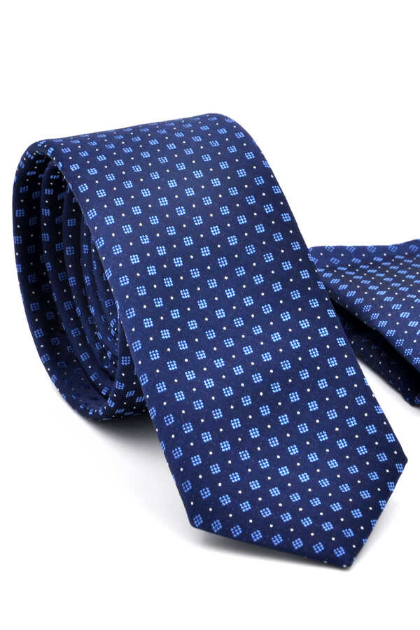 Men's Patterned Navy Blue Woven Fabric Slim Fit Tie & Pocket Square Set