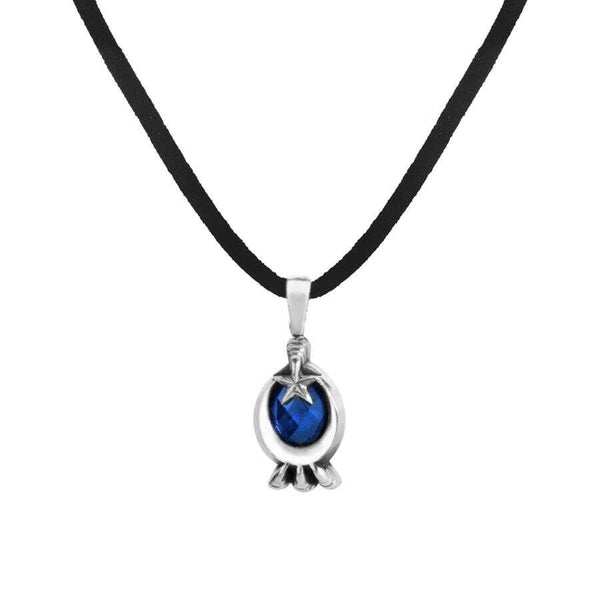 Men's Blue Gemmed Crescent Star Pendant Leather Necklace