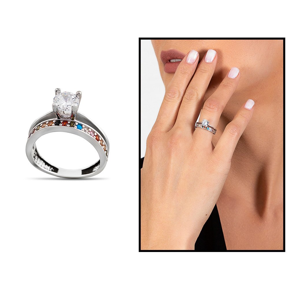 Women's Multi-color Zircon Gemmed 925 Carat Silver Ring