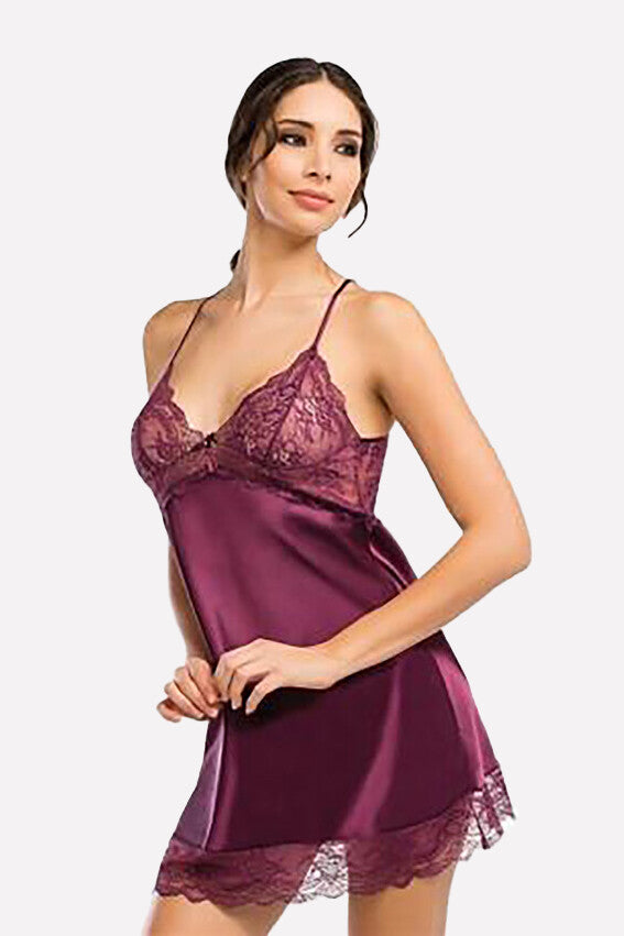 Women's Lace Detail Damson Satin Nightgown