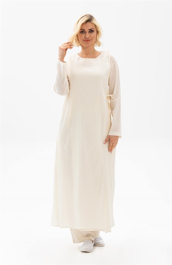 Women's Embroidered Cream Gauze Abaya