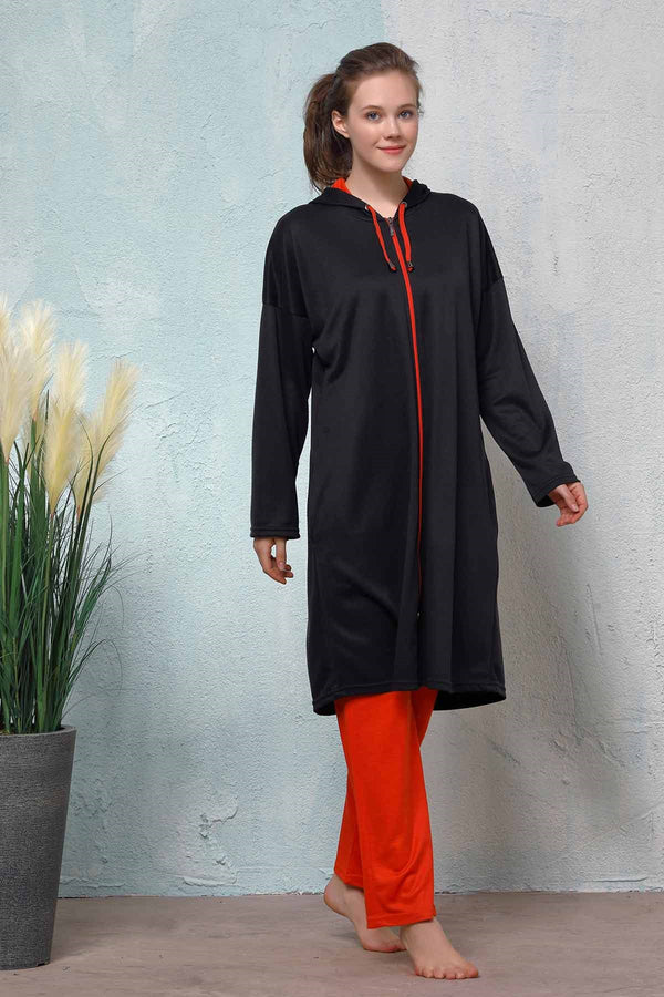 Women's Zipped Black - Tile Red Modest Tracksuit
