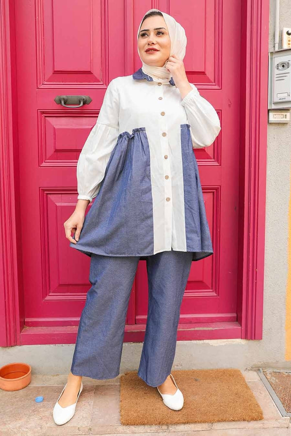 Women's Button Navy Blue - White Tunic & Pants Set