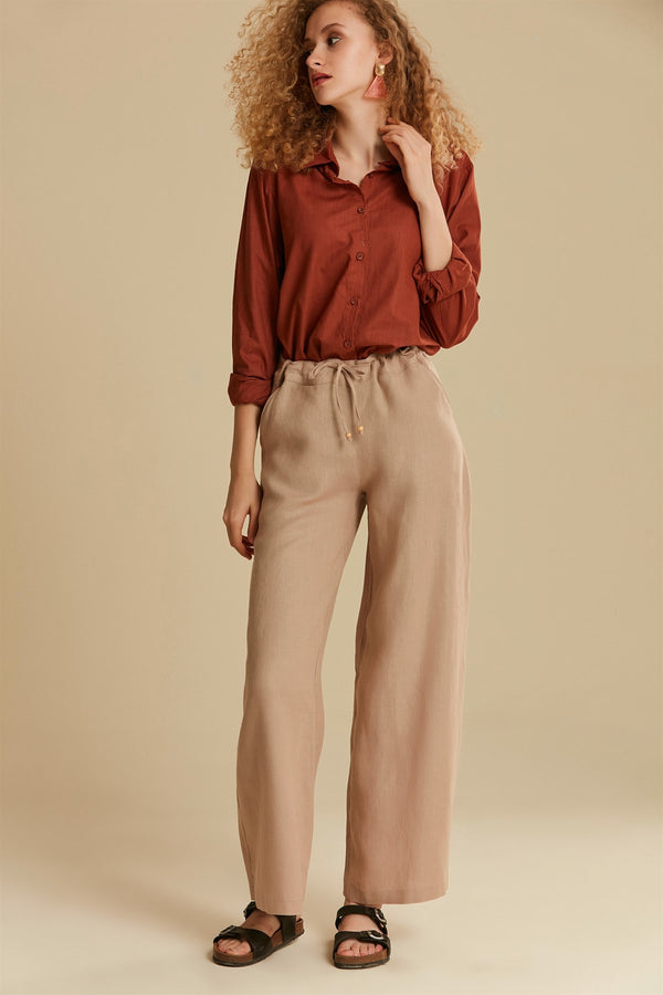 Women's Wide Legs Beige Linen Pants