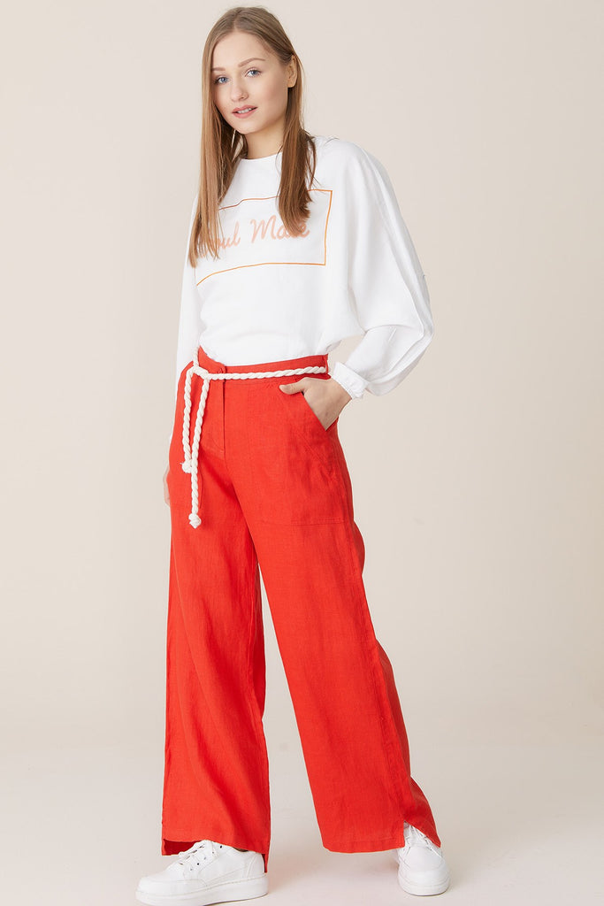 Women's Wide Legs Red Linen Pants