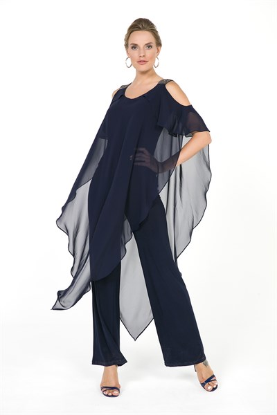 Women's Chiffon Detail Navy Blue Lycra Overall