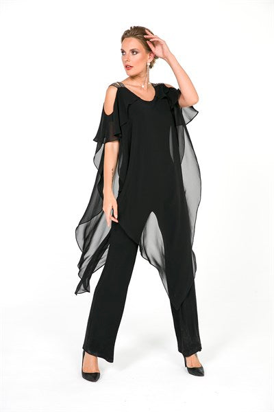 Women's Chiffon Detail Black Lycra Overall