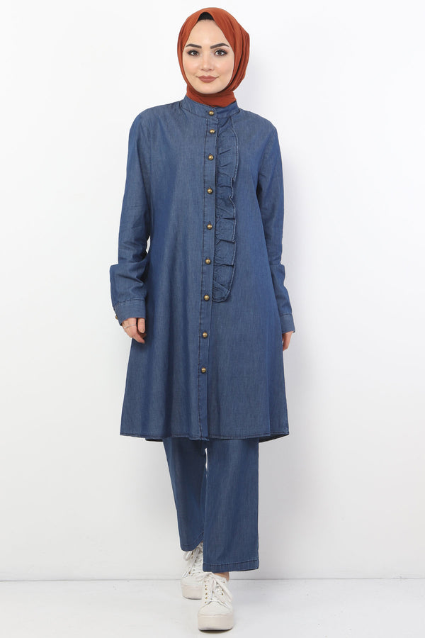 Women's Frill Dark Blue Denim Tunic & Pants Set