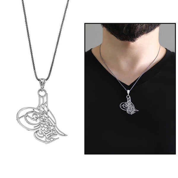 Men's Laser Cut Ottoman Tughra Pendant 925 Carat Silver Necklace