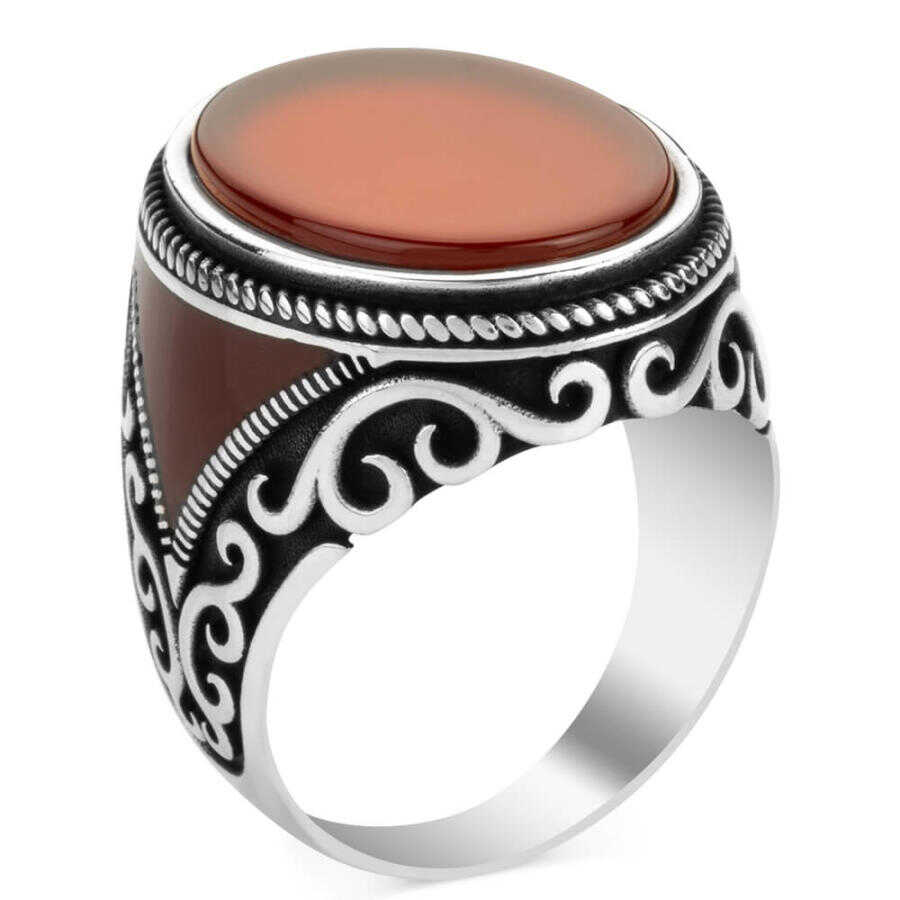 Men's Claret Red Agate Gemmed Silver Ring