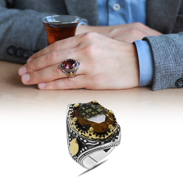 Men's Oval Natural Stone 925 Carat Silver Ring