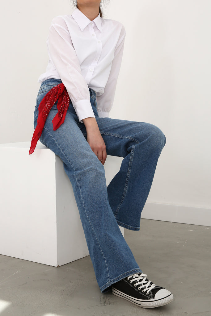 Women's Blue Cotton Wide Leg Jeans
