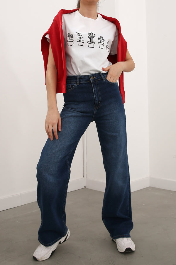 Women's Blue Cotton Wide Leg Jeans