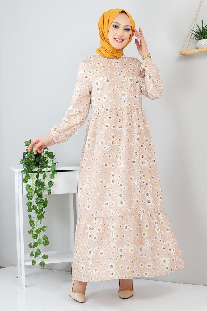 Women's Daisy Pattern Beige Modest Dress
