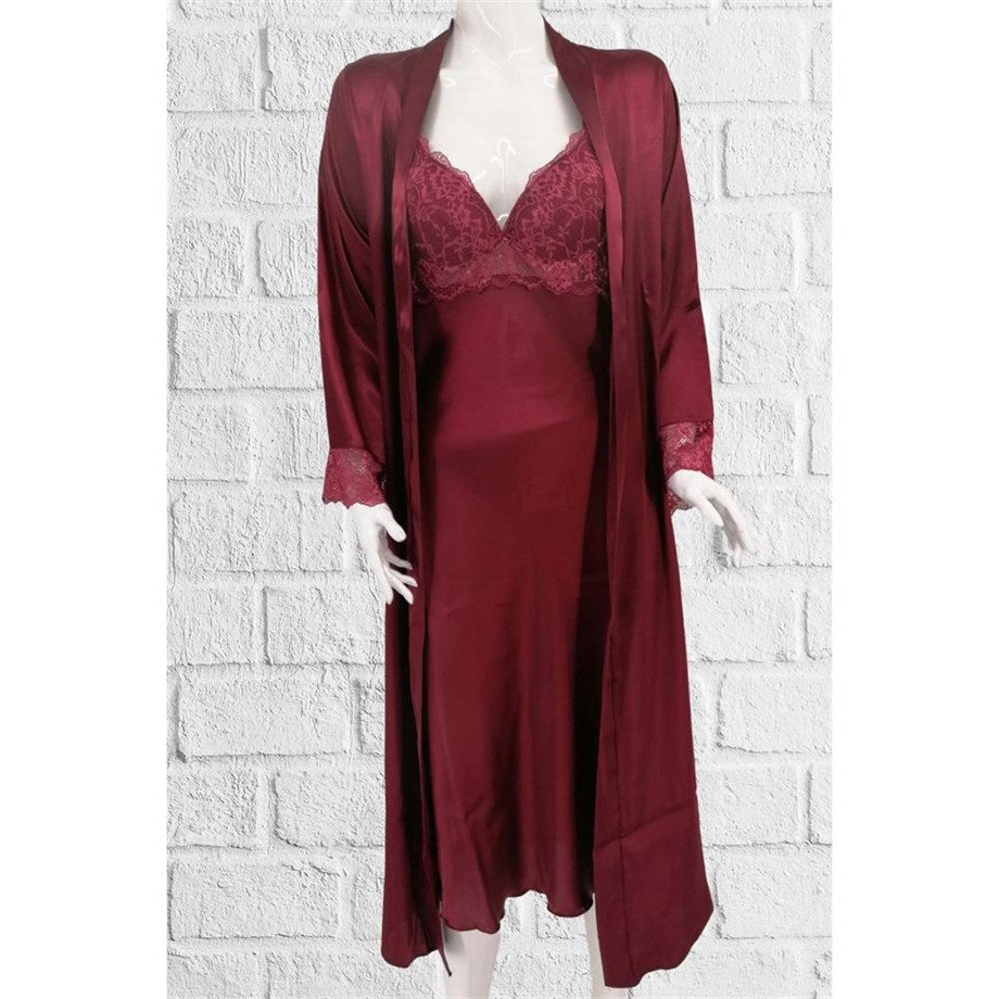 Women's Claret Red Morning Robe & Nightgown Set