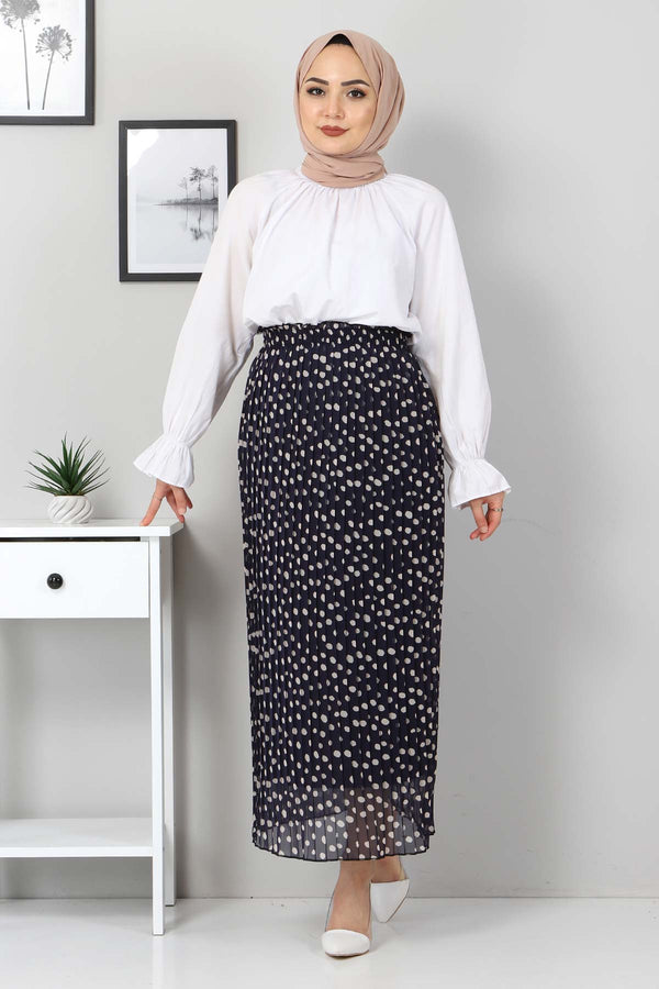 Women's Dotted Pleated Navy Blue Skirt