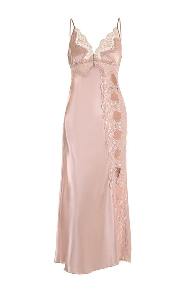 Women's Lace Detail Powder Rose Satin Long Nightgown
