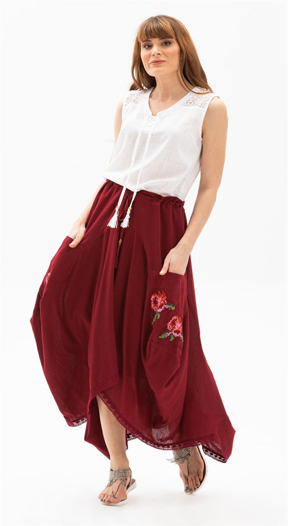 Women's Claret Red Midi Skirt