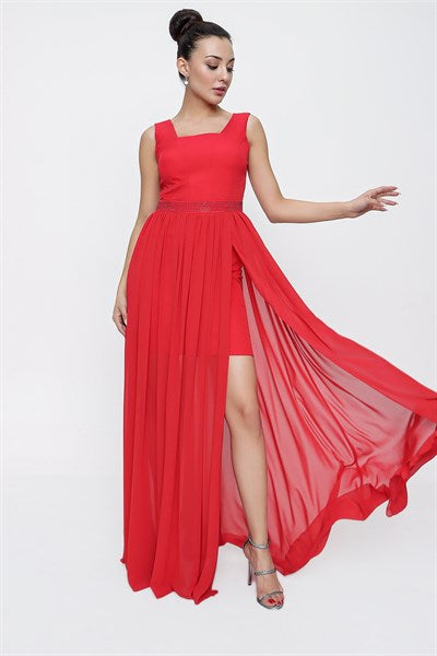 Women's Chiffon Hem Red Dress