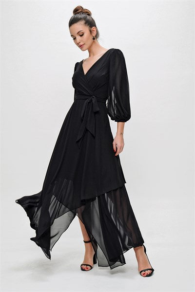 Women's Balloon Sleeves Black Chiffon Dress