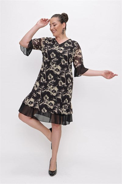 Women's Oversize V Neck Ruffle Floral Pattern Black Chiffon Dress