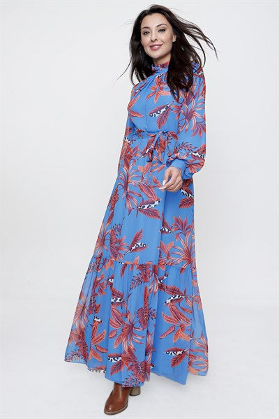 Women's Belted Leaf Pattern Blue Chiffon Long Dress