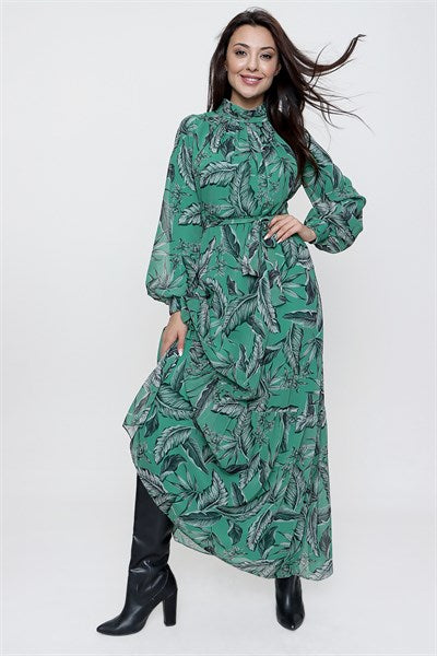 Women's Lined Leaf Pattern Green Chiffon Long Dress