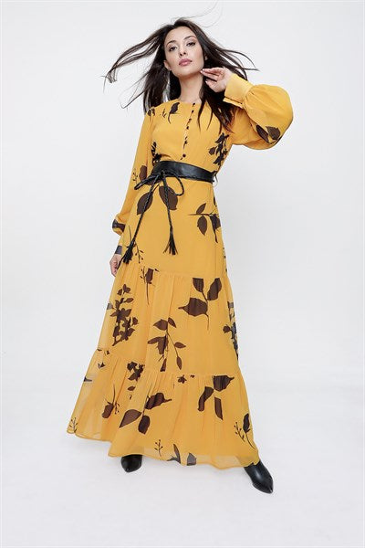 Women's Belted Floral Pattern Yellow Chiffon Long Dress