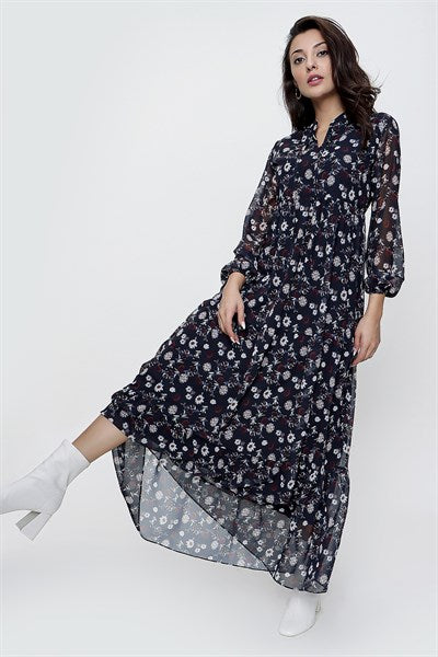 Women's Lined Floral Pattern Navy Blue Chiffon Dress