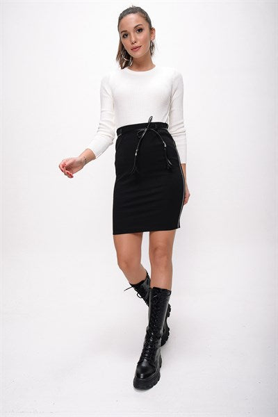 Women's Leather Detail Black Lycra Skirt