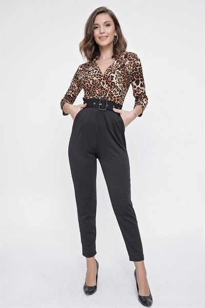 Women's Leopard Pattern Black Crepe Overall