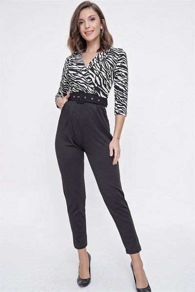 Women's Zebra Pattern Black Crepe Overall
