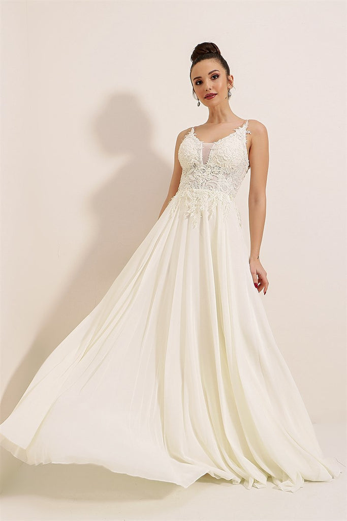 Women's Strappy Beaded Cream Chiffon Dress