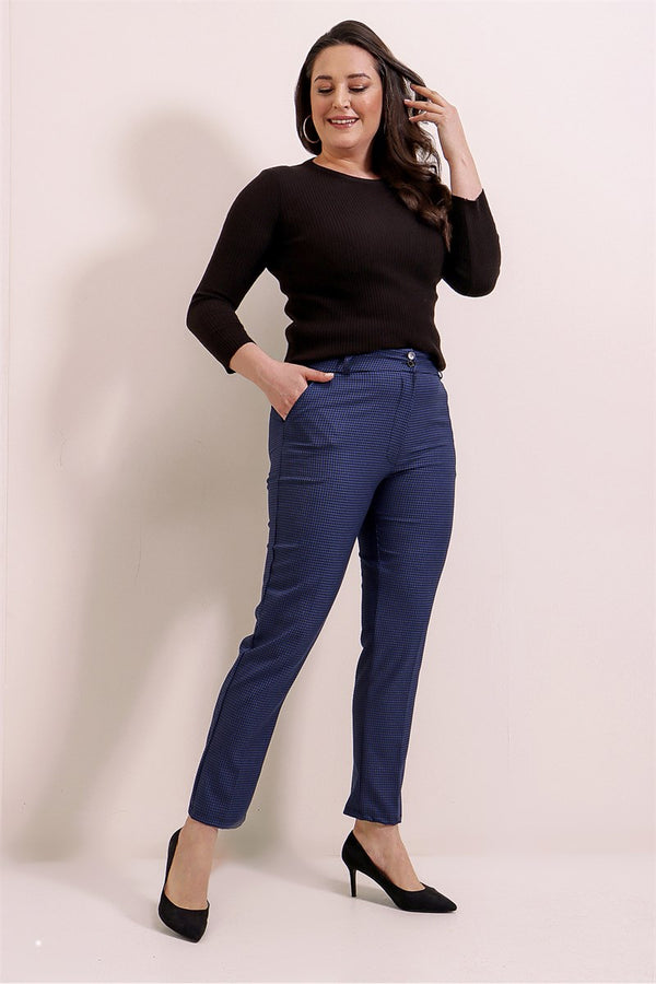 Women's Oversize High Waist Mini Checkered Navy Blue Pants