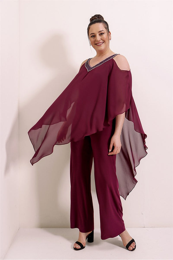 Women's Oversize Chiffon Detail Damson Lycra Overall