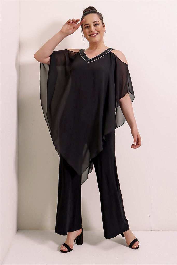 Women's Oversize Chiffon Detail Black Lycra Overall