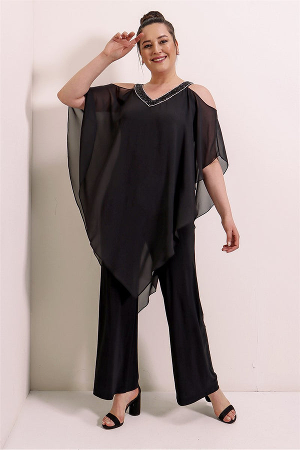 Women's Oversize Chiffon Detail Black Lycra Overall