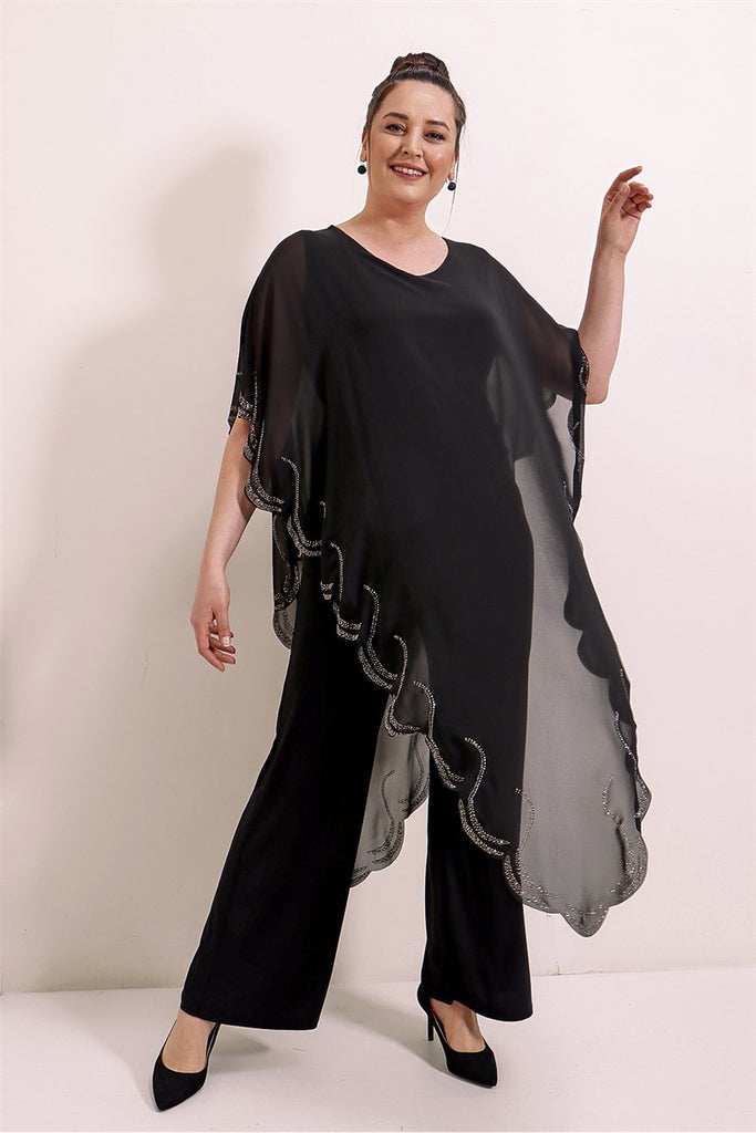 Women's Oversize Chiffon Detail Black Lycra Overall