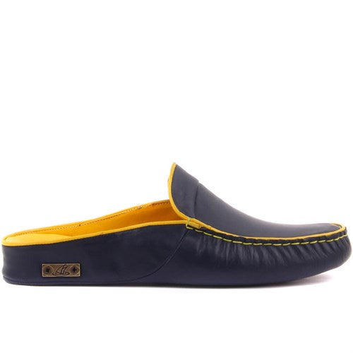 Men's Navy Blue - Yellow Leather House Slippers