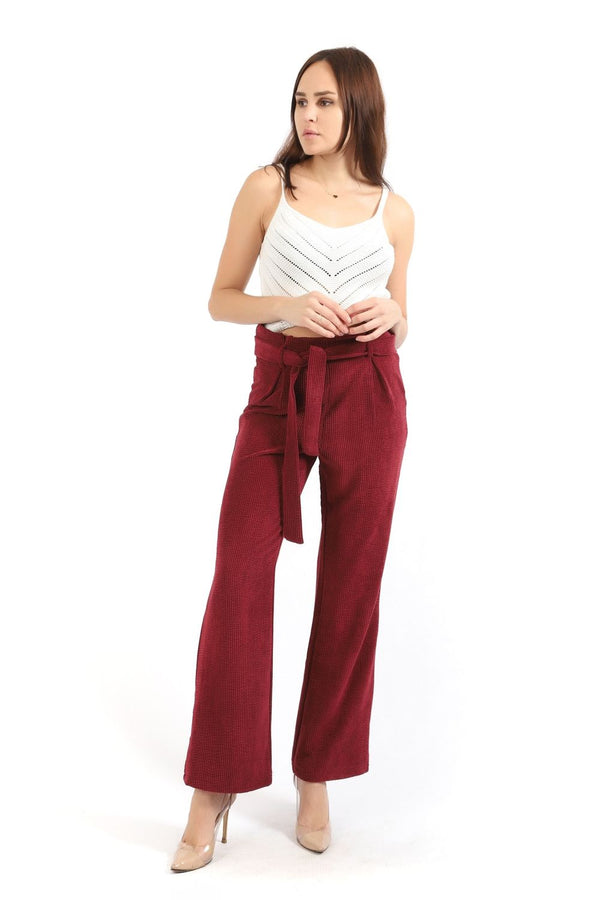 Women's Belted Claret Red Rib Velvet Pants