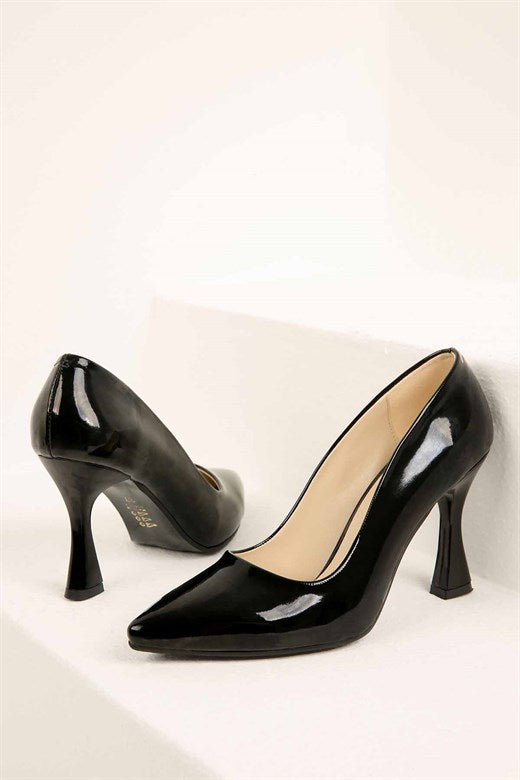 Women's Pointed Toe Black Patent Leather Heeled Shoes